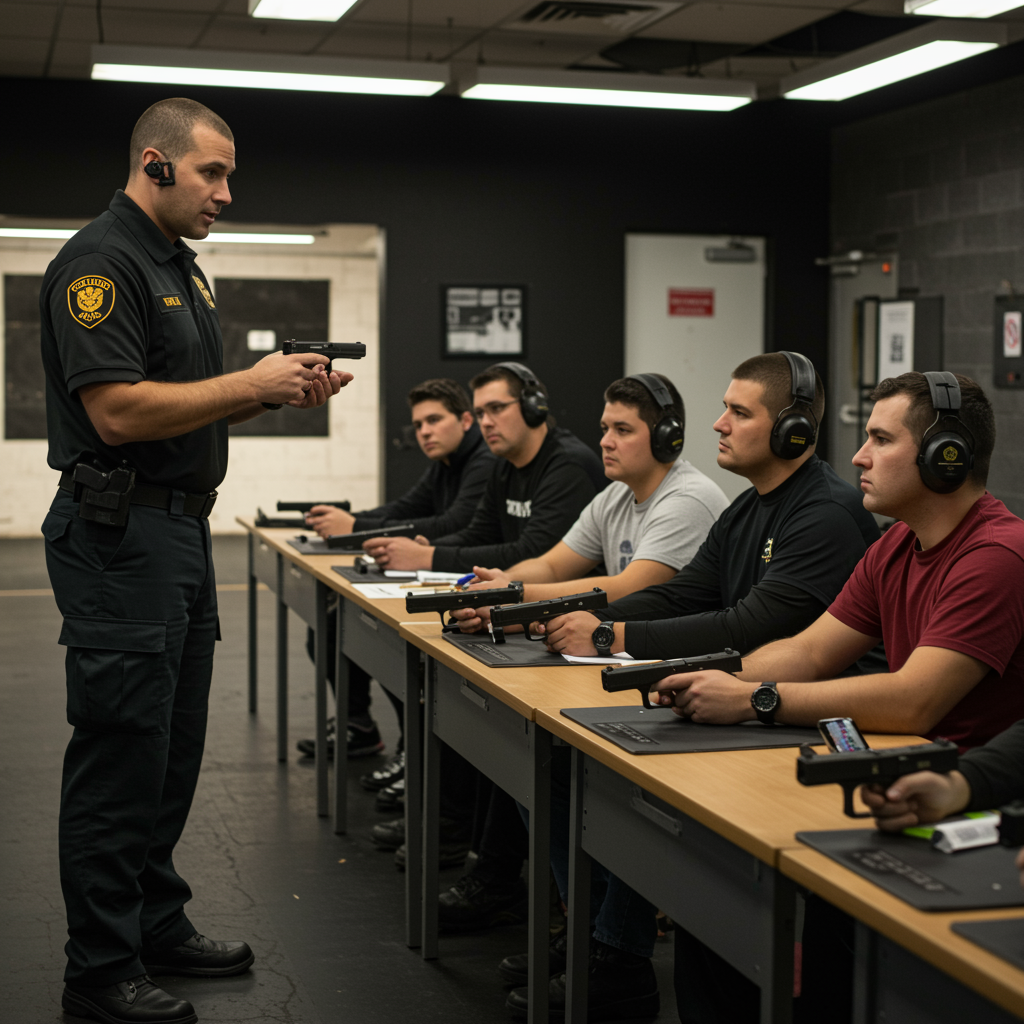 professional security instructor teaching armed security training class in Texas with students