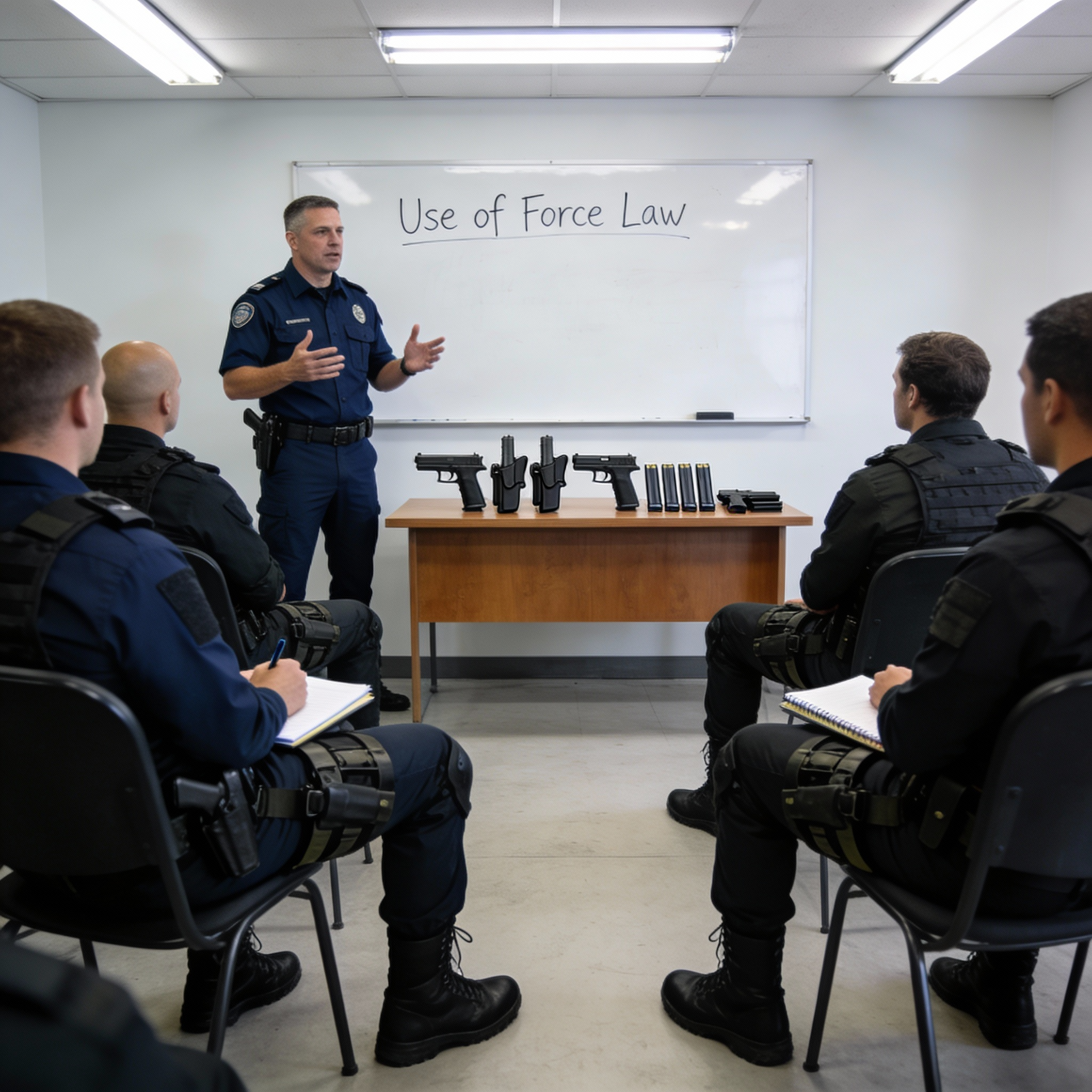 Professional armed security officer in tactical training, shooting range environment, protective gear