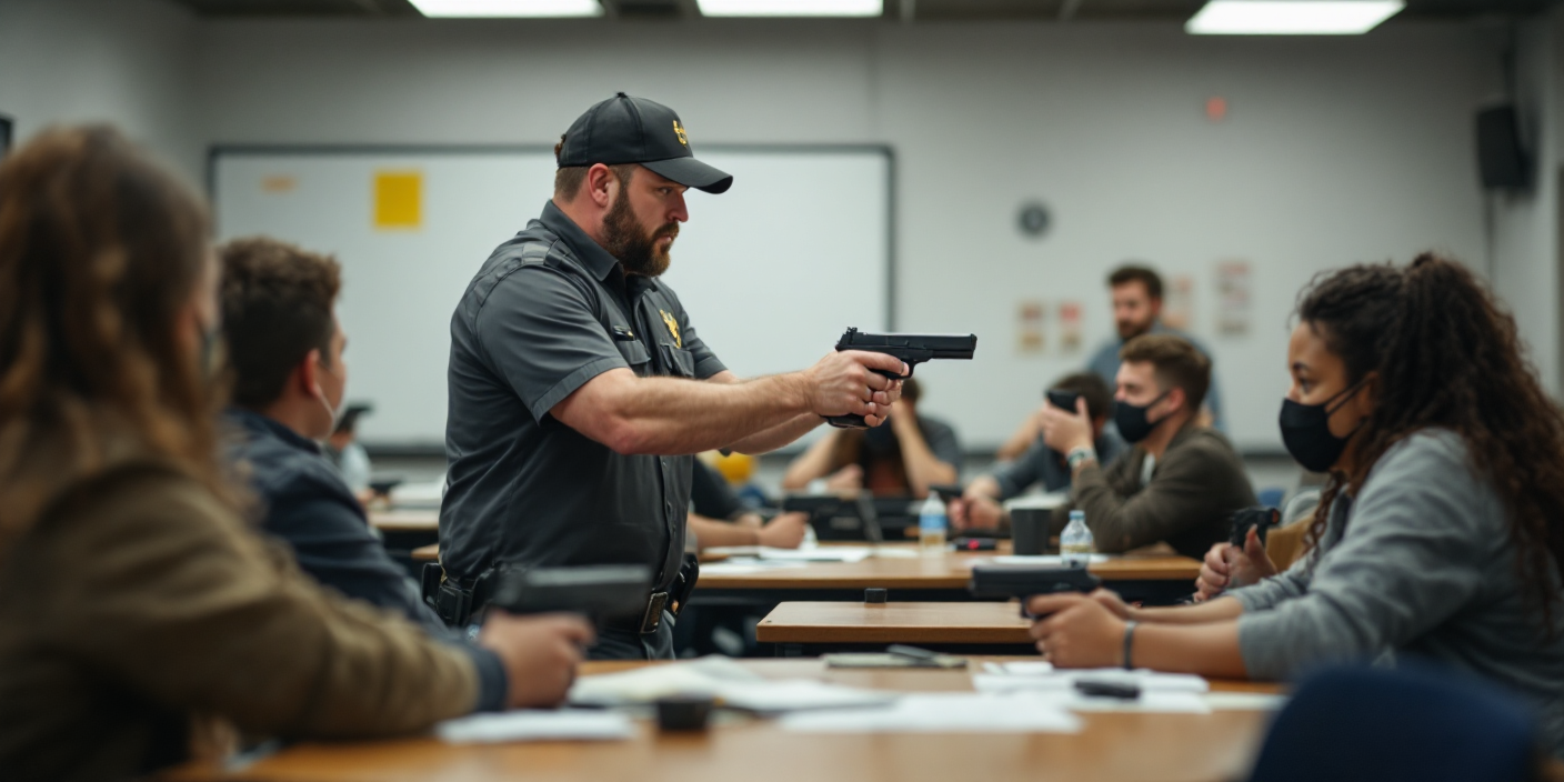 professional security training academy scene with armed and unarmed security officers in tactical gear training in modern facility, Texas environment, high quality professional photography