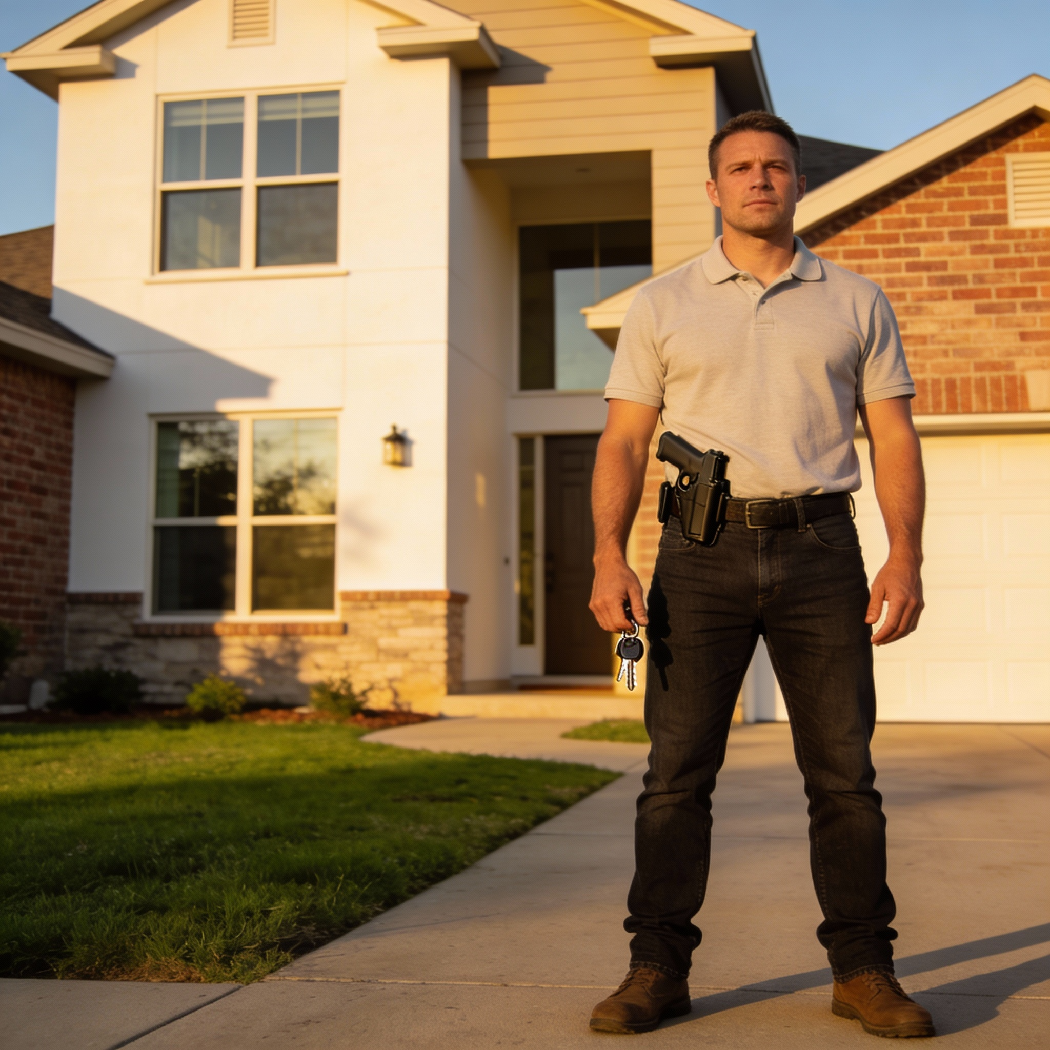 Professional security officer carrying holstered handgun on duty in Texas, confident stance, outdoor daylight