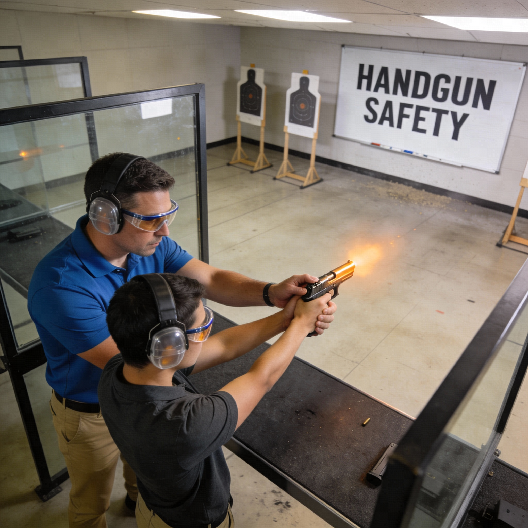 Civilian students in Texas handgun safety classroom training, instructor demonstrating firearm safety, professional educational setting