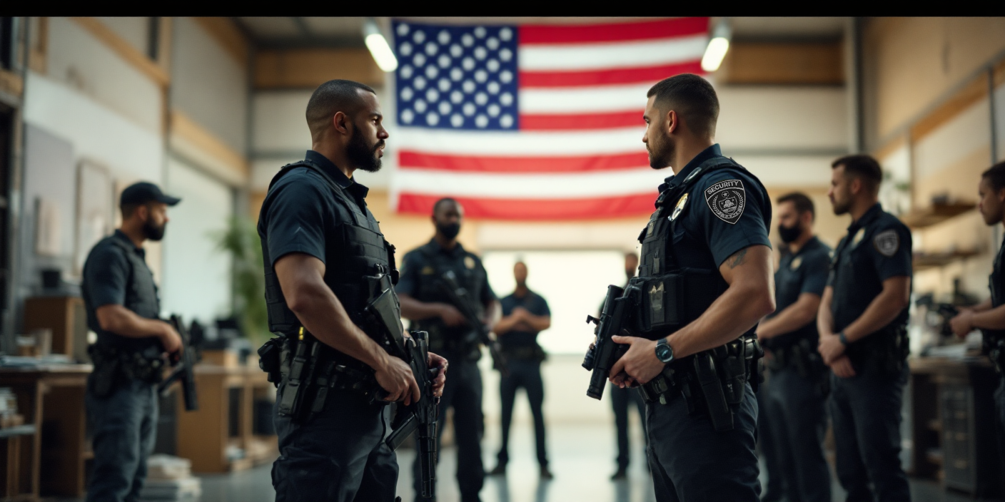professional security training academy scene with armed and unarmed security officers in tactical gear training in modern facility, Texas environment, high quality professional photography