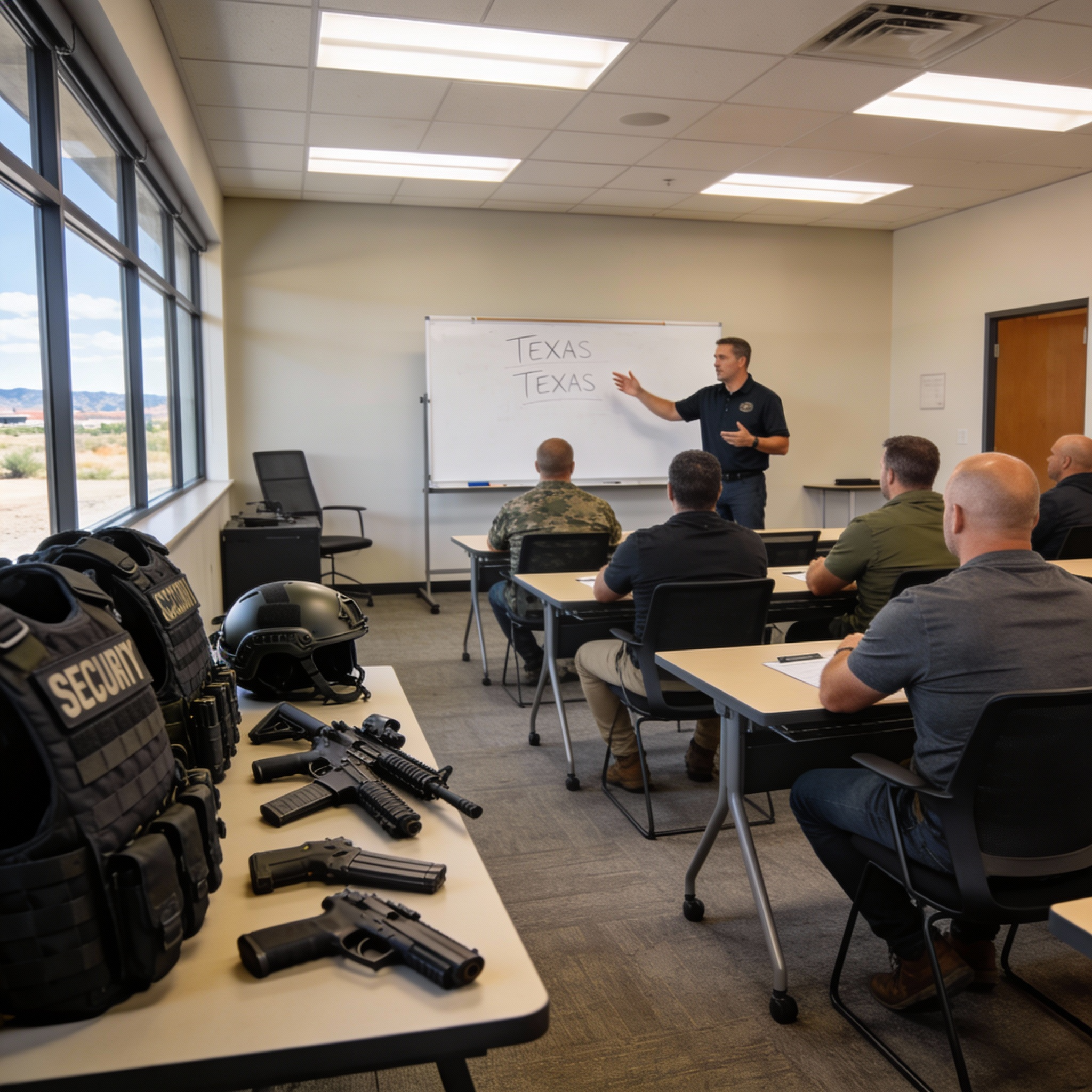 modern security training classroom with professional instructors teaching security officers, Texas academy setting, professional photography