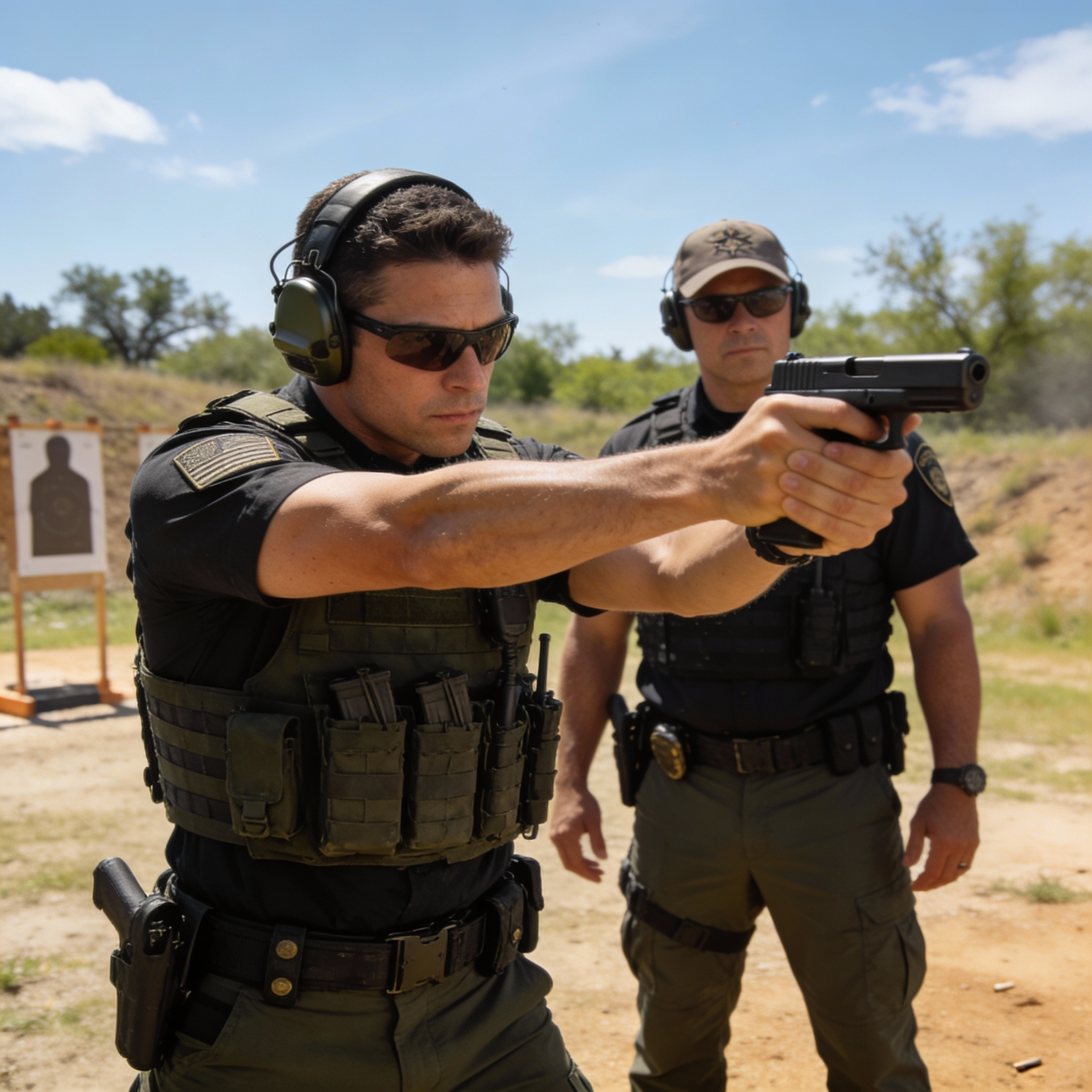 armed security officer in tactical gear with firearm training at shooting range, professional Texas security training, professional photography